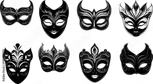 Collection of eight decorative venetian style masks isolated on a white background