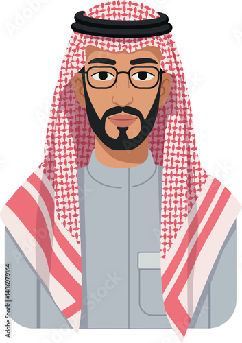 Middle Eastern man wearing traditional red and white keffiyeh and glasses vector illustration 