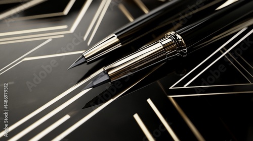 Elegant Gold and Black Pens on Art Deco Surface