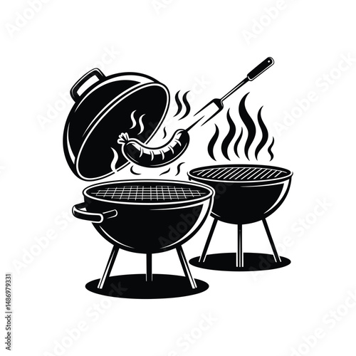 Hot flames cook food on the barbecue grill with meat over charcoal