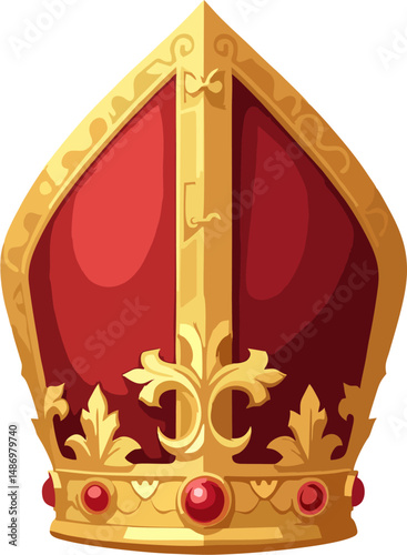 Luxurious Red and Gold Papal Mitre Vector – Ornate Catholic Bishop Hat Illustration