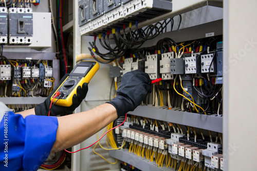 Electrical service technician use electricity measuring tools equipment checking electric current circuit breaker terminal panel and cable wiring main power distribution board for maintenance system.