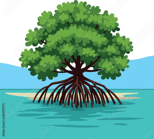 Mangrove tree with lush green leaves and exposed roots in calm water vector illustration 
