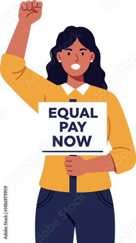 Woman holding equal pay now sign protesting for gender equality rights vector illustration 