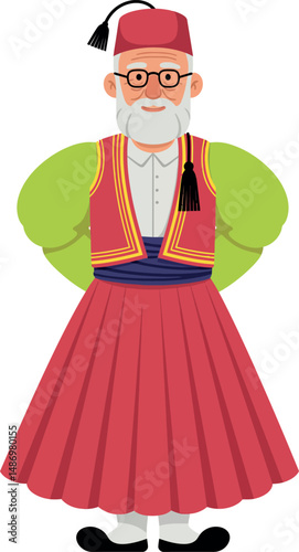 Elderly man in traditional Greek costume with red skirt and fez hat vector illustration 