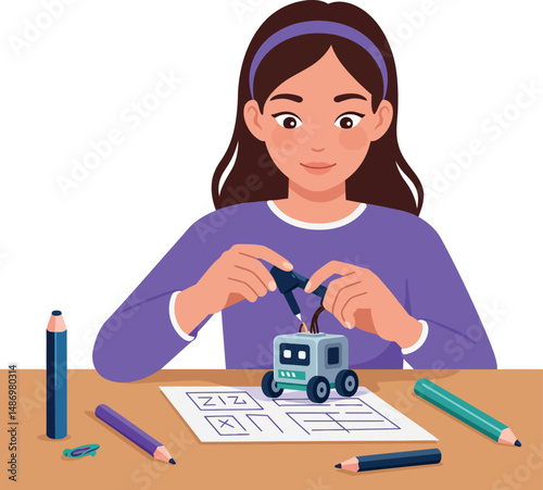 Girl Assembling Robot Model on Table with Colored Pencils and Paper Vector Illustration 