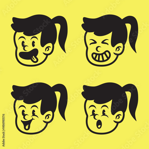 Cute hand-drawn vector of a girl with ponytail showing funny and expressive cartoon faces. Great for apparel, stickers, and playful design elements
