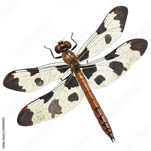 Create a realistic vector illustration of a twelve-spotted skimmer dragonfly, showcasing its intricate wing details and vibrant colors.  High-resolution, detailed, accurate anatomy.