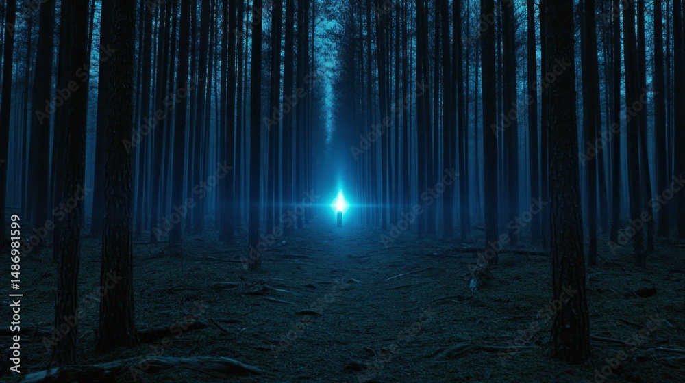Naklejka premium Mysterious figure in a glowing forest