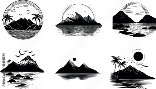 Various mountain and island landscapes with water reflections in black and white