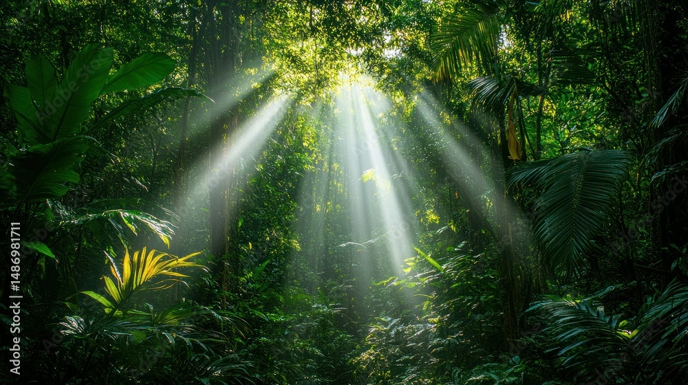 Fototapeta premium Sunlight streams through lush jungle canopy