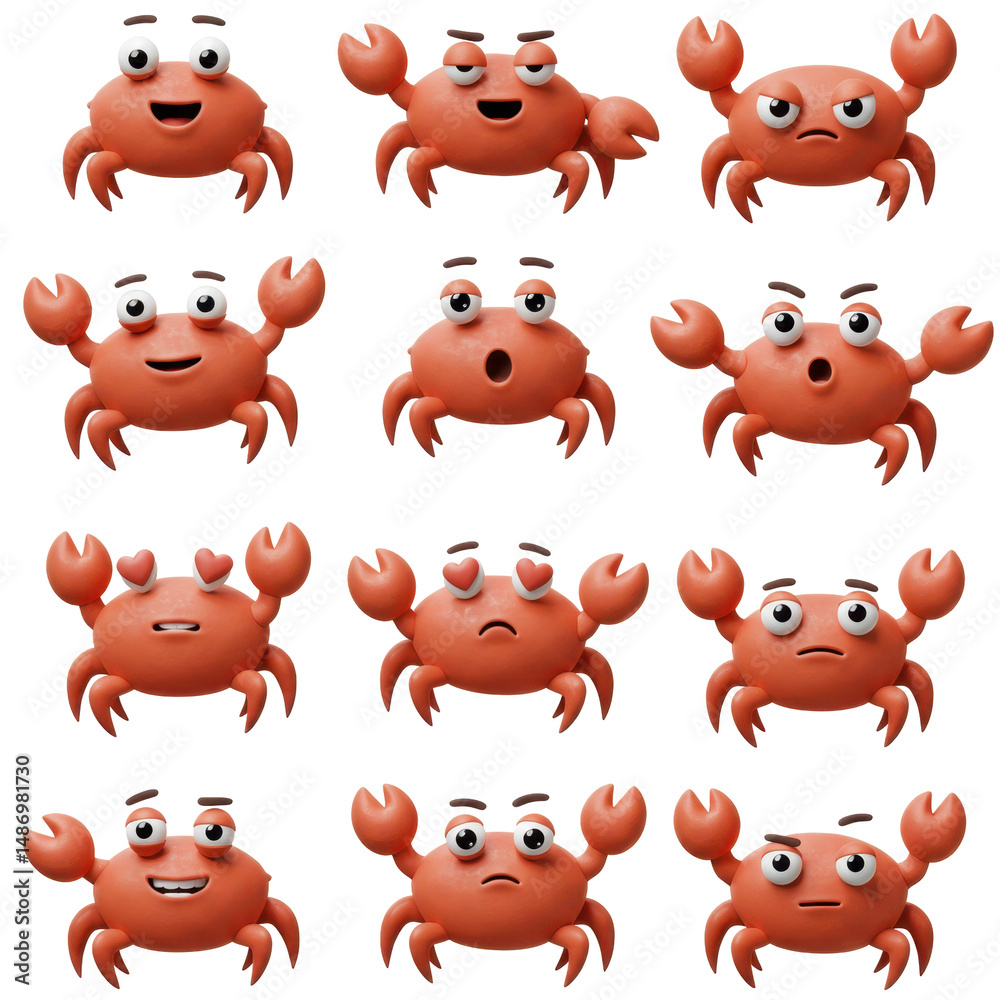 Obraz premium Cartoon crabs with various facial expressions an illustration of emotions and aquatic life set against a black backdrop for versatile design use