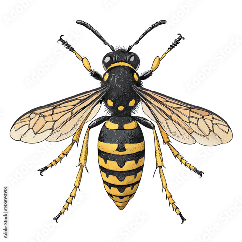 Create a realistic vector illustration of a wasp, showcasing its black and yellow striped abdomen and detailed wings.  Focus on anatomical accuracy.