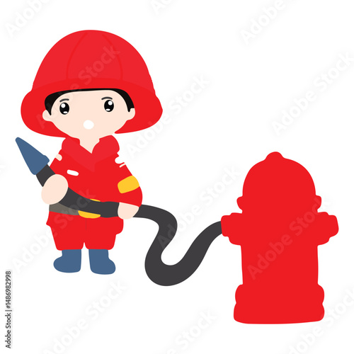 Kawaii firefighter  kids cartoon isolated on white background. fire fighter uniform with fire emergency clip art set. Flat vector design isolated white background
