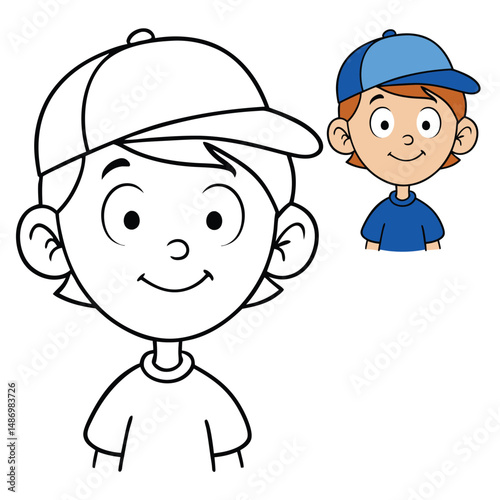 A cheerful boy beams with joy, wearing a bright blue baseball cap that adds a playful charm to his smile, radiating happiness and youthful energy.
