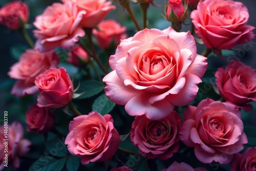 Intricate blooming roses, densely packed, vibrant hues, fabric, seamless, texture