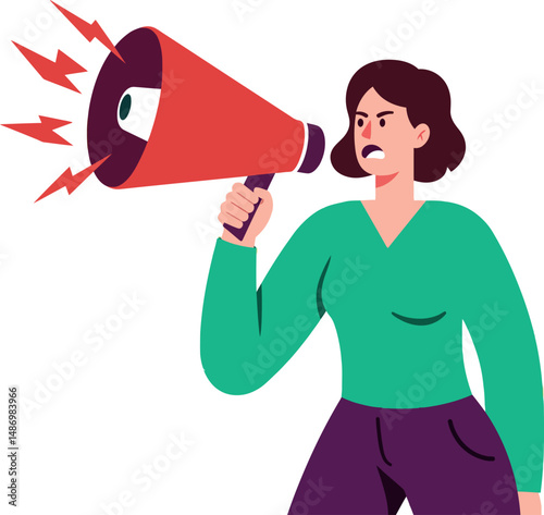 Woman shouting through red megaphone expressing anger and protest vector illustration 