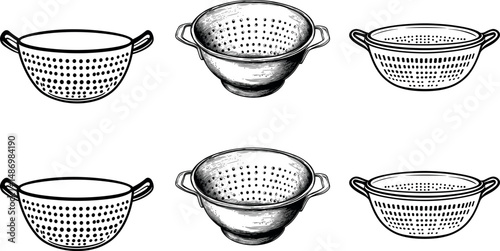 Collection of colanders and strainers isolated on a white background