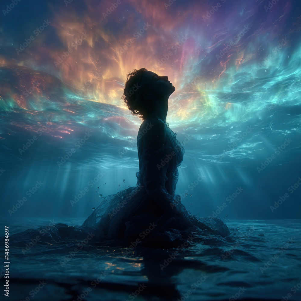 Obraz premium Young woman stands waist-deep in ocean, dress flowing like liquid music, beneath aurora sky, eyes closed in emotional resonance, surreal cinematic scene.