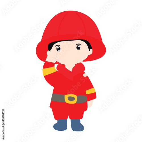 Kawaii firefighter  kids cartoon isolated on white background. fire fighter uniform with fire emergency clip art set. Flat vector design isolated white background