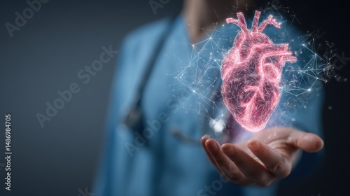 Medical Hologram Heart in a Nurse’s Hand Showing Digital Tech and AI Innovation on a Blue Abstract Dark Background