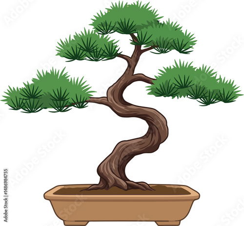 Bonsai tree in brown pot with green foliage detailed natural vector illustration 