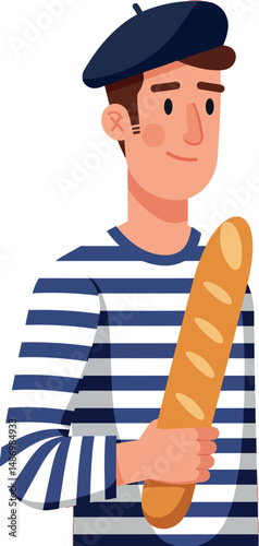 Young man in striped shirt holding baguette bread vector illustration in portrait format 