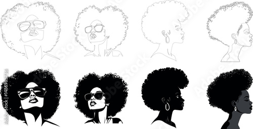 Silhouettes and line drawings of woman with afro on a white background