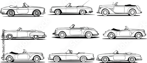 Collection of vintage convertible car illustrations on a white background