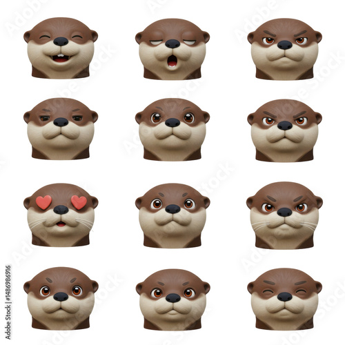 Collection of cartoon otter faces displaying various emotions on black background