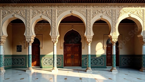 Ornate Moorish architecture, intricate tilework, culture, courtyard