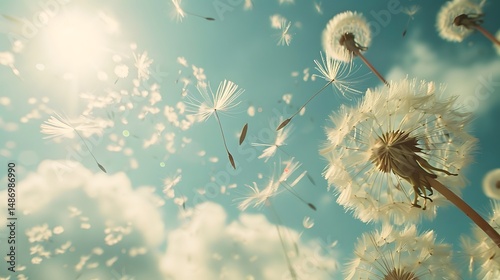 Floating Seeds in Breeze: Dandelion seeds floating in the air, carried by a gentle breeze against a bright spring sky. --ar 16:9
