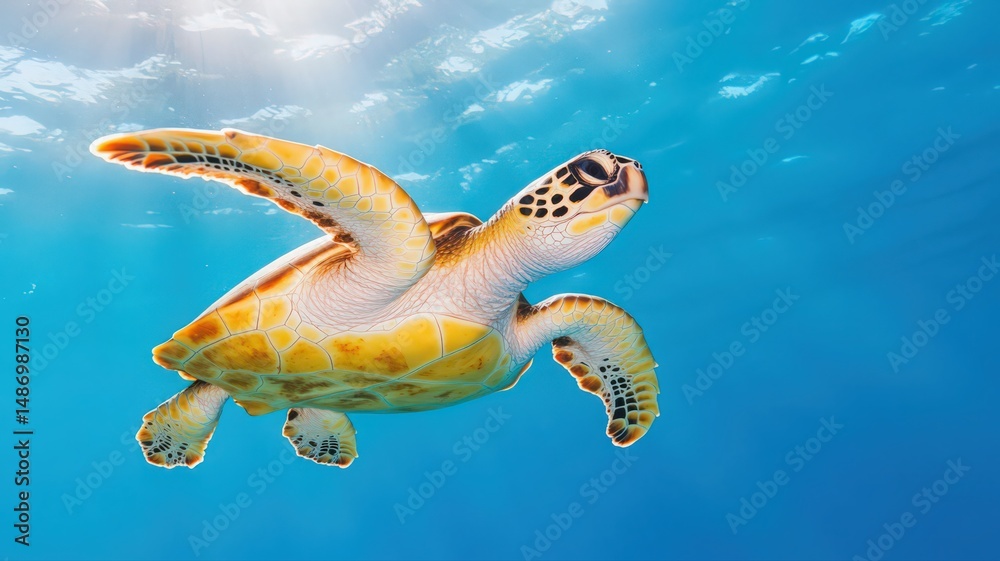 Obraz premium A Graceful Sea Turtle Swimming Through Clear Blue Water in a Vibrant Marine Environment