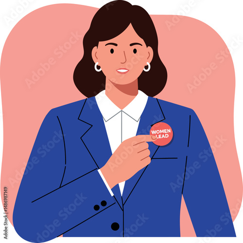 Woman in blue blazer wearing women in lead badge promoting female leadership and empowerment 