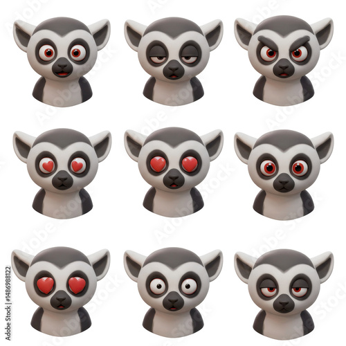 Collection of digital lemur faces with various expressions on black background
