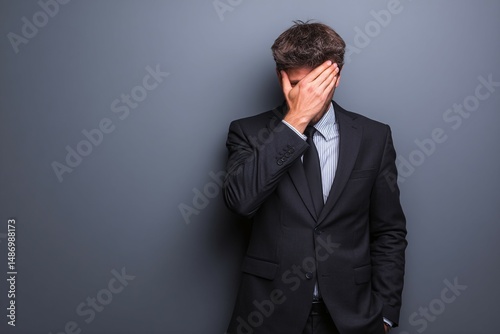 Businessman in suit covers face with hand against gray background.