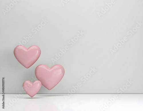 Three Pink Heart Balloons Floating Against a White Wall Background for Valentine Day Romantic Backdrop and Decoration with Minimalistic Design and Copy Space