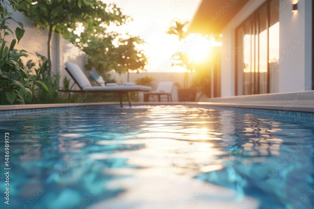 Fototapeta premium Serene sunset view of a private pool and patio
