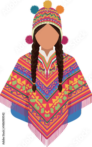 Indigenous woman wearing traditional Andean hat and colorful poncho vector illustration 