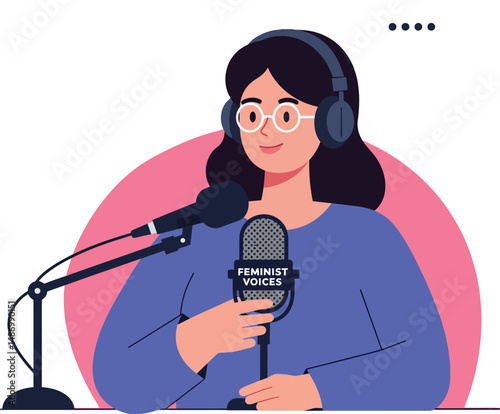 Woman podcast host speaking feminist voices into microphone with headphones vector illustration 
