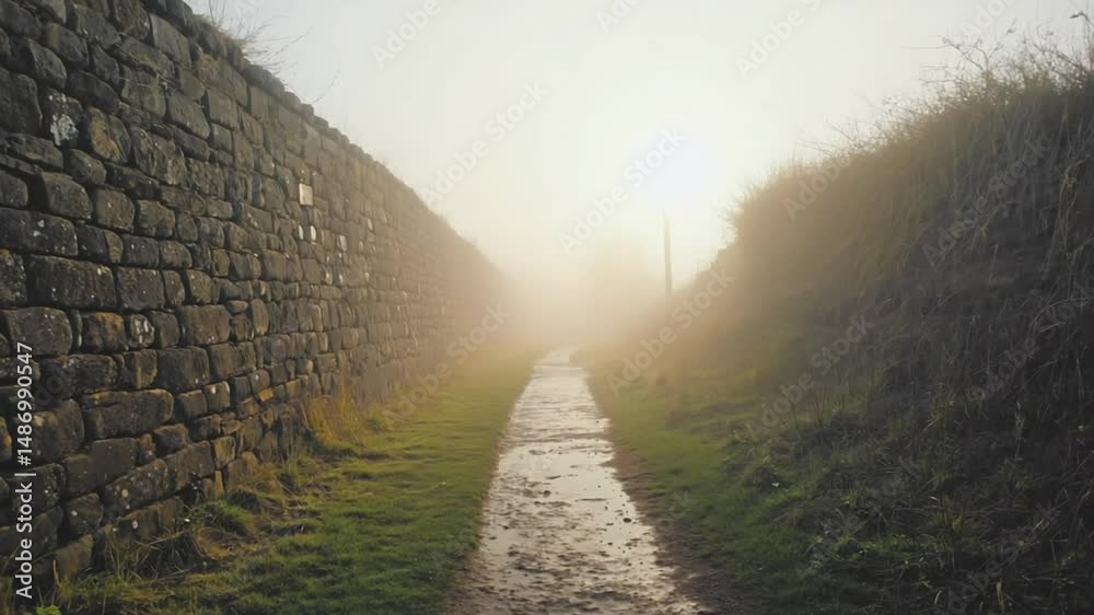 Misty path through stone walls