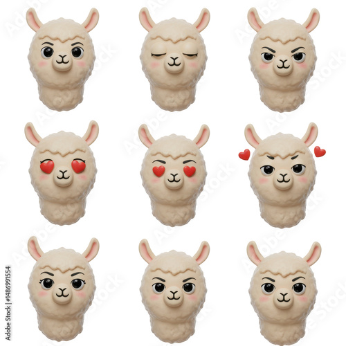 Llama faces collection various expressions cute cartoon illustrations