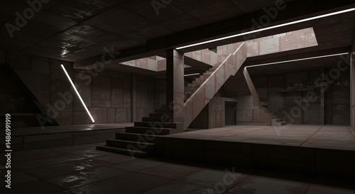 Stark rusted staircase interior with neon lighting