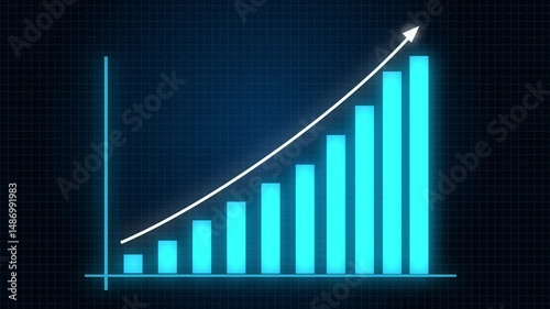 Glowing blue bar graph animation with rising arrow. Bright data bars and upward curve showing growth, progress, increase, and performance analytics on a digital grid background