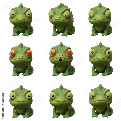 Nine cute chameleon illustrations with different expressions digital art vector graphics