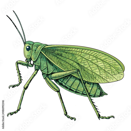 Create a vibrant vector illustration of a katydid perched on a lush green leaf, showcasing intricate detail of both insect and foliage.