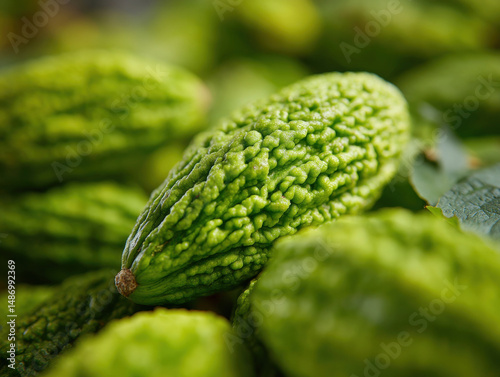 Close up of green bitter melon with textured, bumpy skin, surrounded by other melons on farm or market stand, fresh and vibrant, highlighting its unique surface and color
