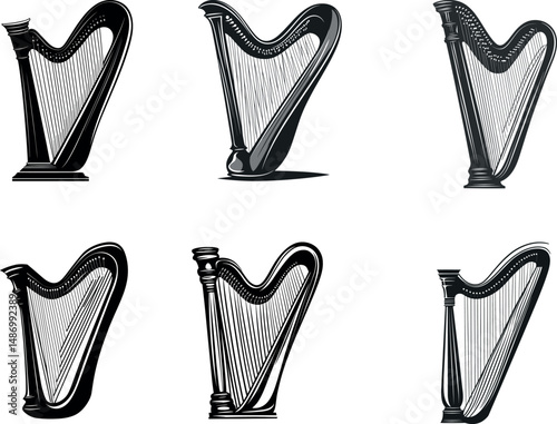 Six different harp illustrations isolated on a white background