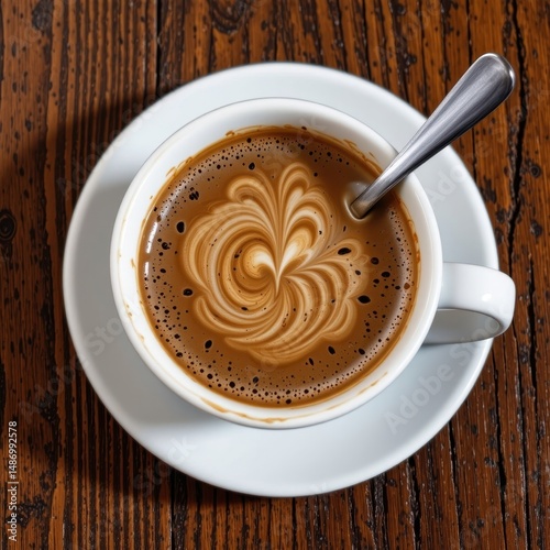 one coffee cup with a spoon on a white background, in a crisp style, with clean lines, no shadow, even lighting, high resolution