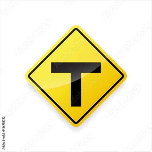 T-intersection warning sign vector. Flat design indicating a T-shaped road junction ahead.